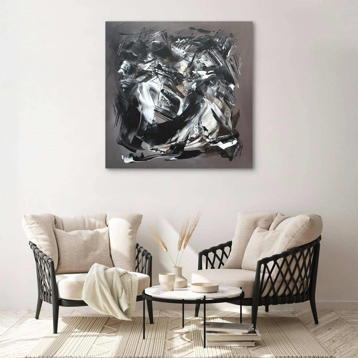 The Light Will Come, original Grey, Taupe abstract painting by Paresh Nrshinga displayed in a contemporary interior.
