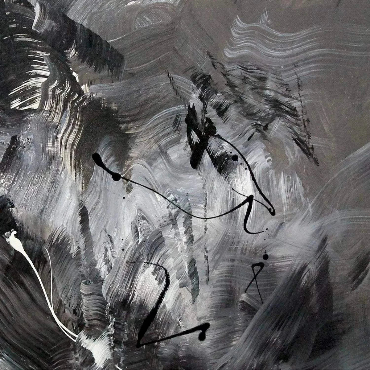 Monochrome abstract artwork with dynamic brush strokes and shapes conveying a sense of movement and energy