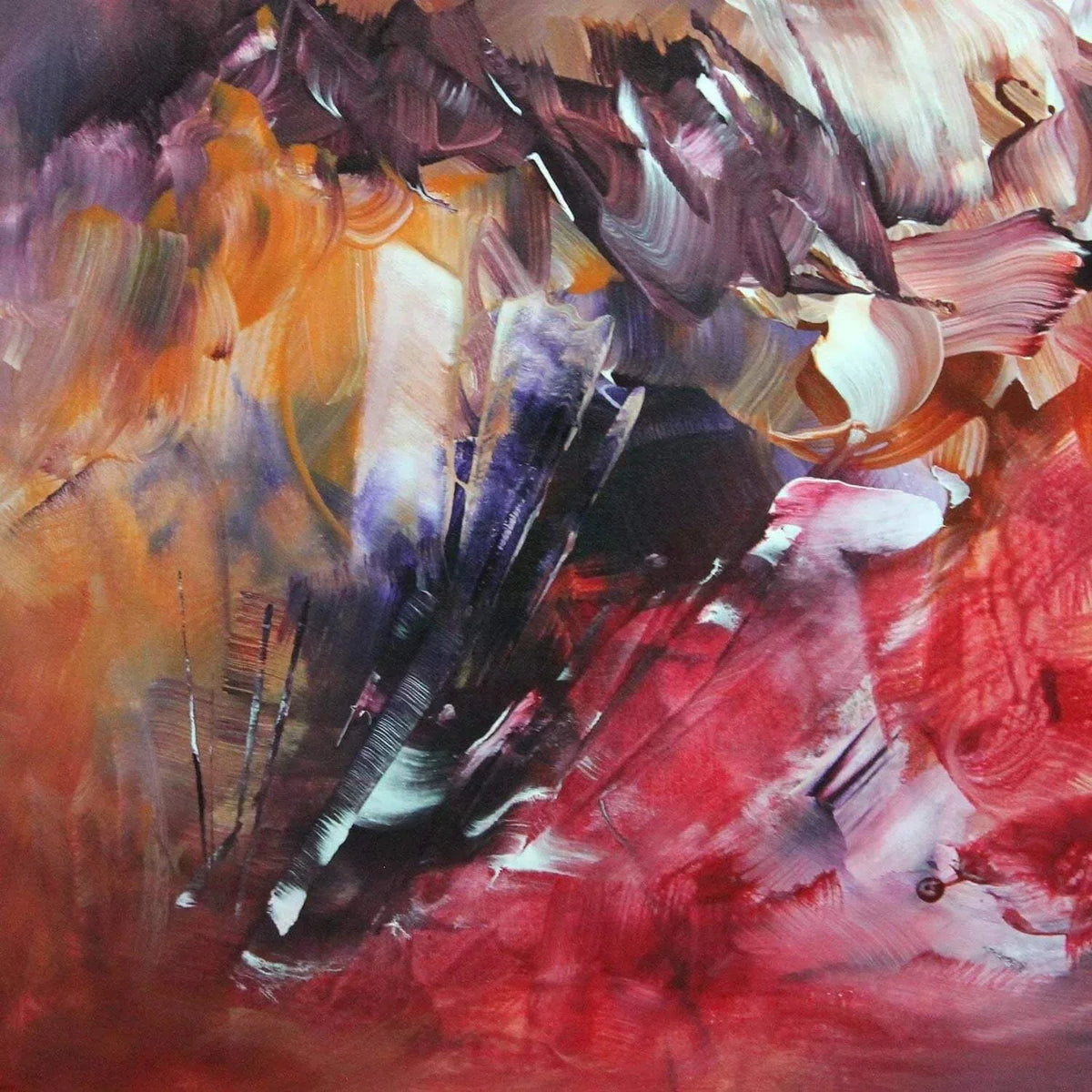Large abstract painting with vibrant colors and dynamic brushstrokes