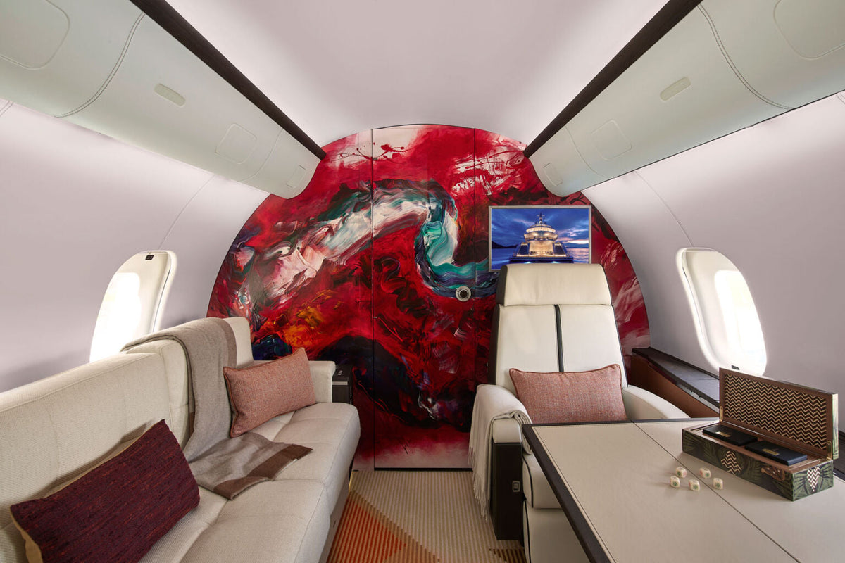 Paresh Nrshinga's original abstract artwork integrated into the Bombardier Global 5000 Owner's Lounge interior, designed by Winch Design.