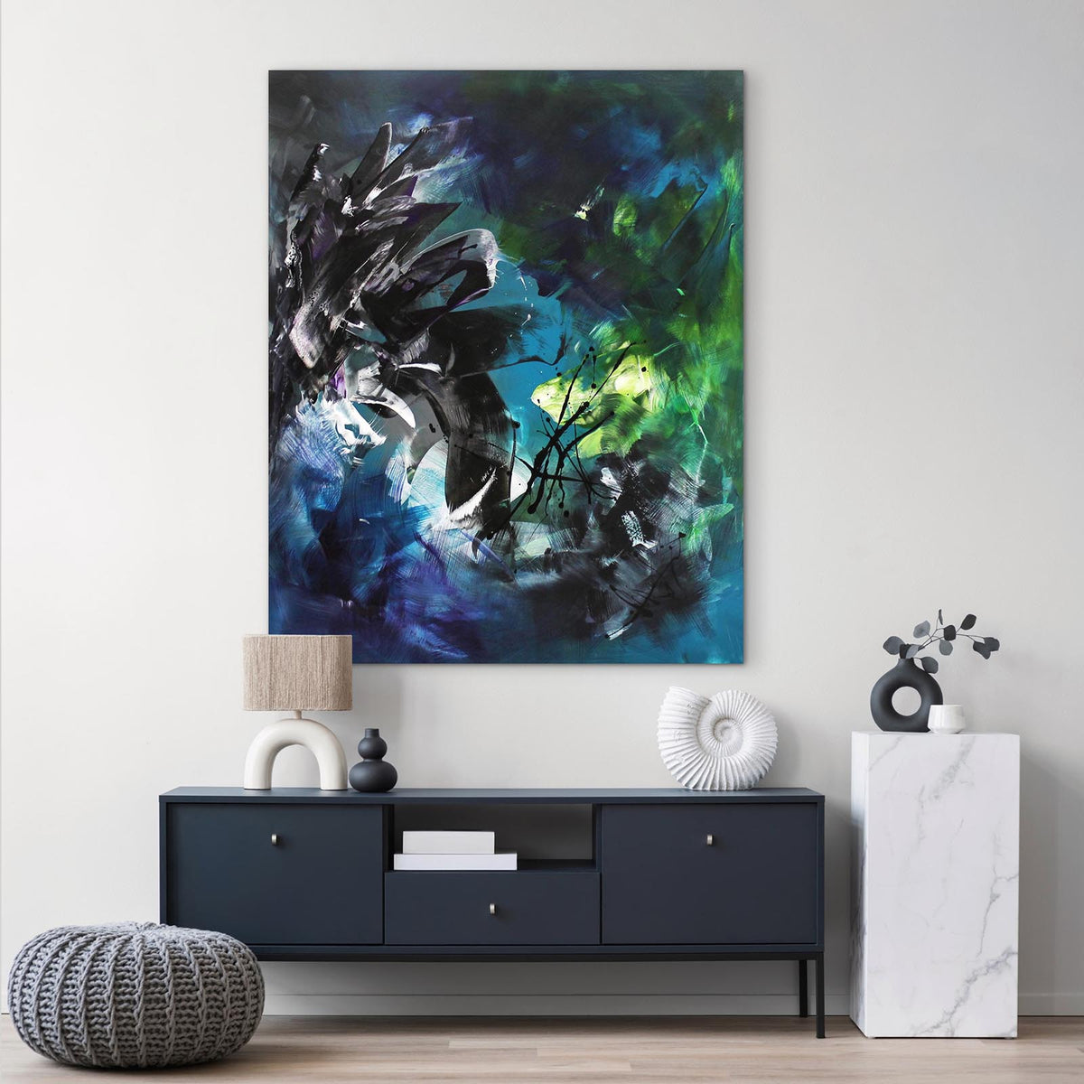 Dreamscape In Motion by Paresh Nrshinga, original abstract painting in layered blue, teal and indigo shown in a contemporary interior