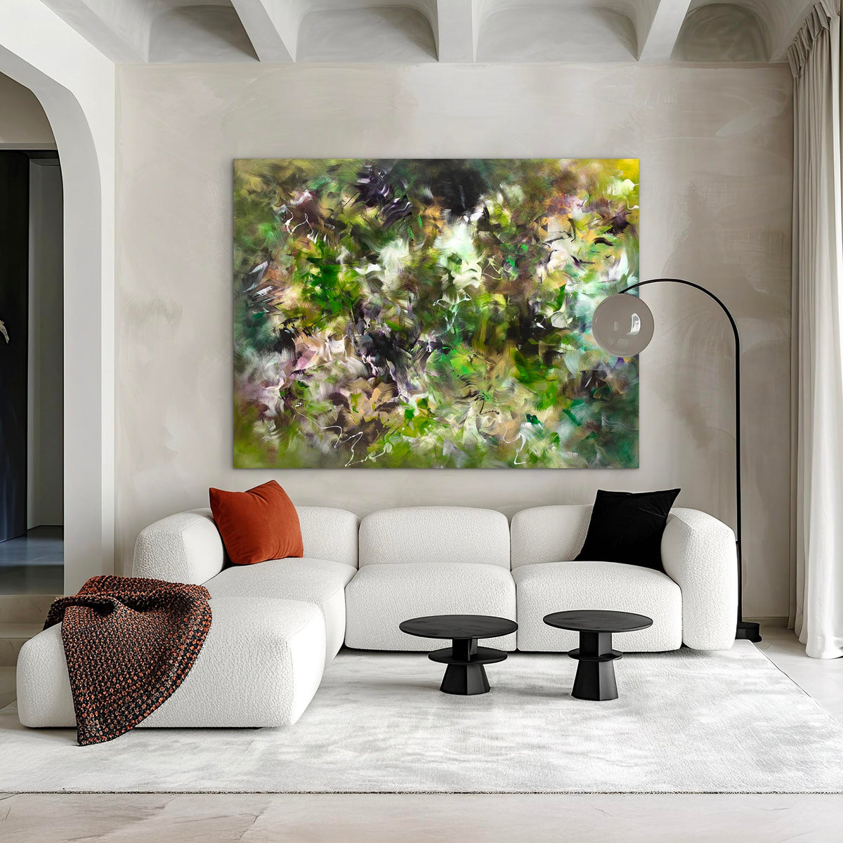 living room artwork, green extra large abstract painting by paresh nrshinga british artist