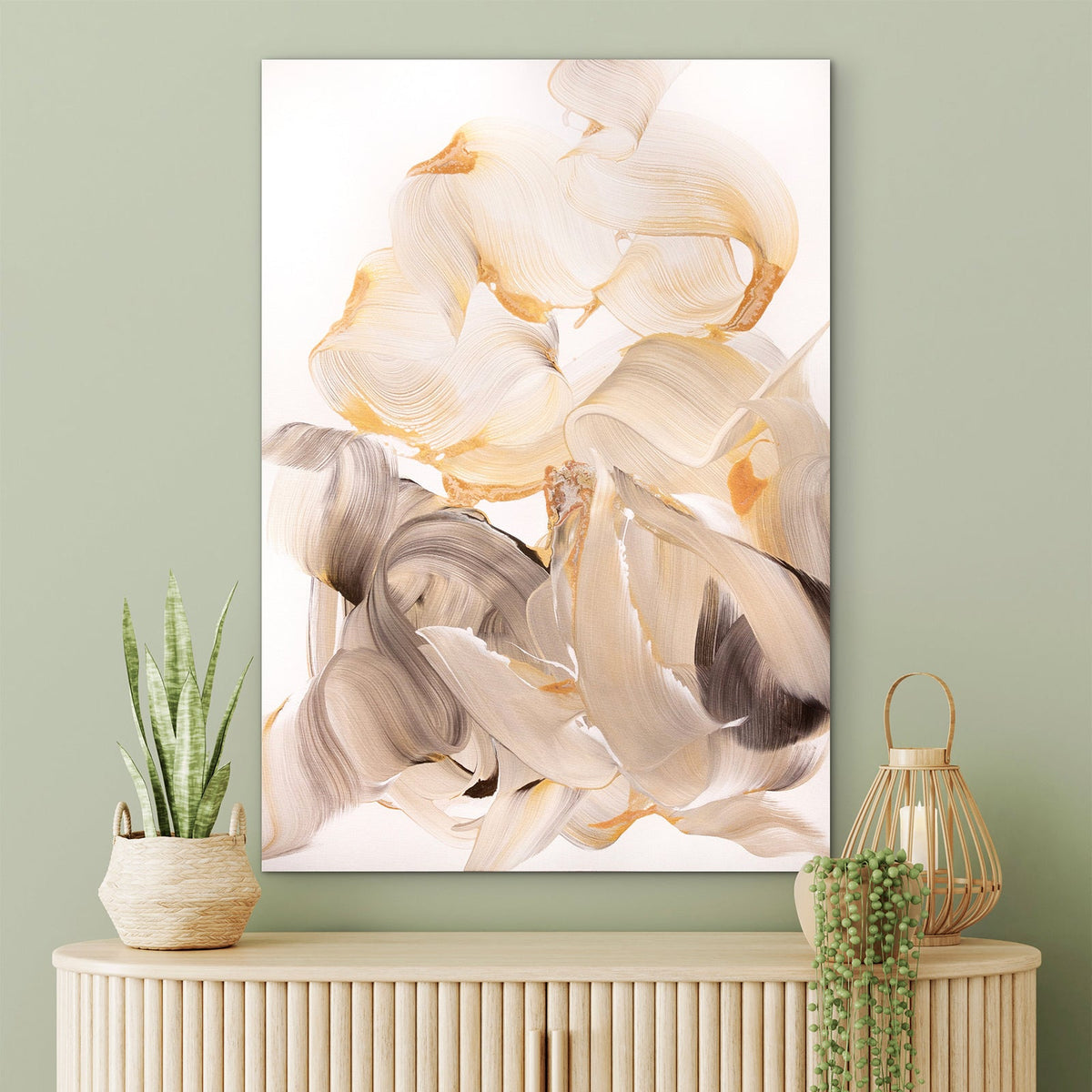 Quiet Light by Paresh Nrshinga, original ivory and gold abstract painting in a contemporary interior