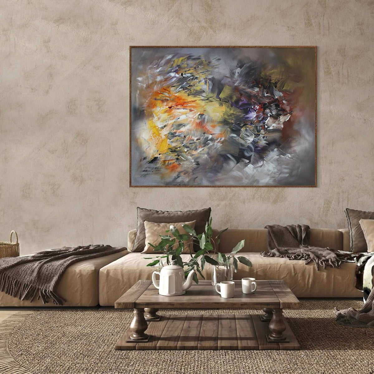 Golden Shadows, original gold and brown abstract painting by Paresh Nrshinga FRSA