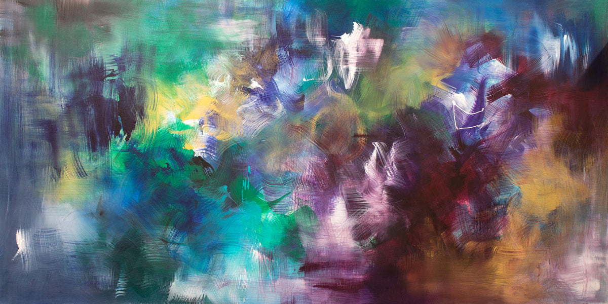 Where Colours Wander by Paresh Nrshinga, original abstract painting in turquoise, blue, plum, pink and yellow