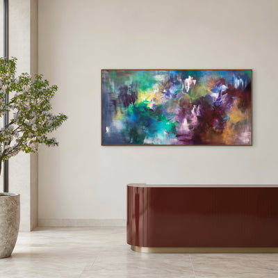 Where Colours Wander above a curved console — interior visualisation; frame not included