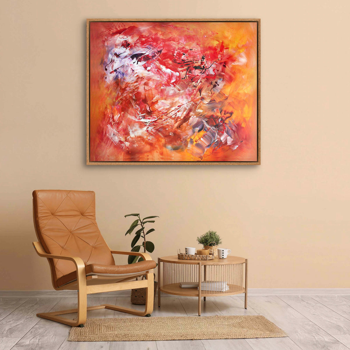 Vibrant Abstract Art | Enchanted Spring 100x120cm
This large abstract painting features a captivating display of bold, vibrant colors and dynamic brushstrokes. The artwork is presented in a modern wooden frame, creating a visually striking focal point in the room. The abstract composition evokes a sense of energy and movement, adding an artistic touch to the contemporary home decor.
