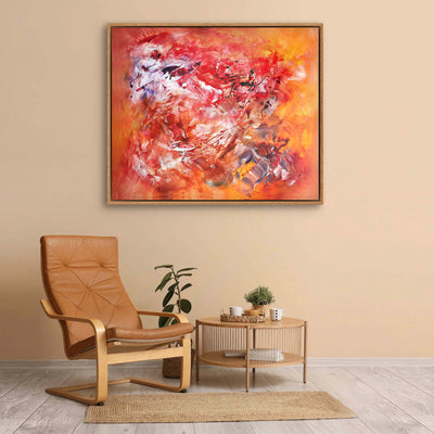 Vibrant Abstract Art | Enchanted Spring 100x120cm
This large abstract painting features a captivating display of bold, vibrant colors and dynamic brushstrokes. The artwork is presented in a modern wooden frame, creating a visually striking focal point in the room. The abstract composition evokes a sense of energy and movement, adding an artistic touch to the contemporary home decor.