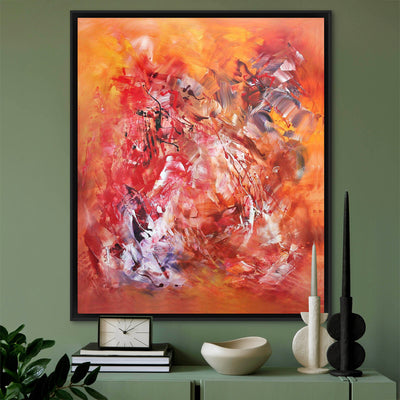 Vibrant abstract painting: Colorful, dynamic canvas art with bold strokes of red, orange, and purple. Captivating modern artwork for home or office decor.