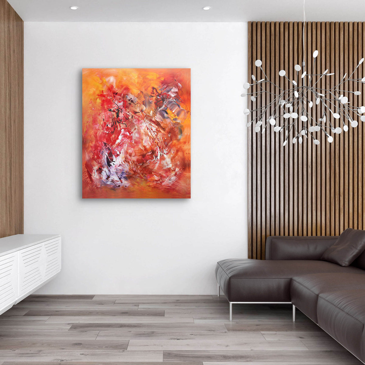Vibrant abstract canvas art | Fiery orange and red tones in modern artwork | Large abstract painting displayed on contemporary living room wall | Striking artistic composition with dynamic brush strokes | Original canvas art by Paresh Nrshinga