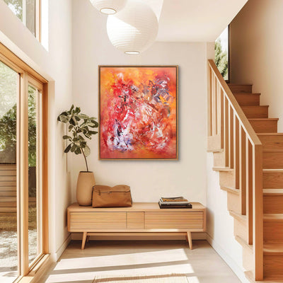 Vibrant abstract painting on canvas | Enchanted Spring by Paresh Nrshinga | Colorful modern artwork displayed in bright home entryway with wooden bench and houseplant