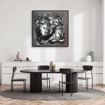 Taupe Abstraction | Bold, textured abstract painting with striking monochrome tones, displayed in a modern minimalist dining room setting.