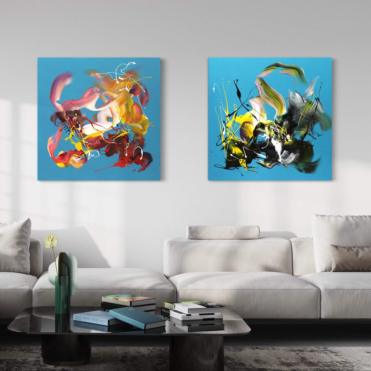 Summer In The City I and II by Paresh Nrshinga displayed in a contemporary interior