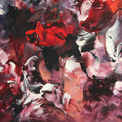 Vibrant abstract art with bold brushstrokes of red, purple, and black paint.