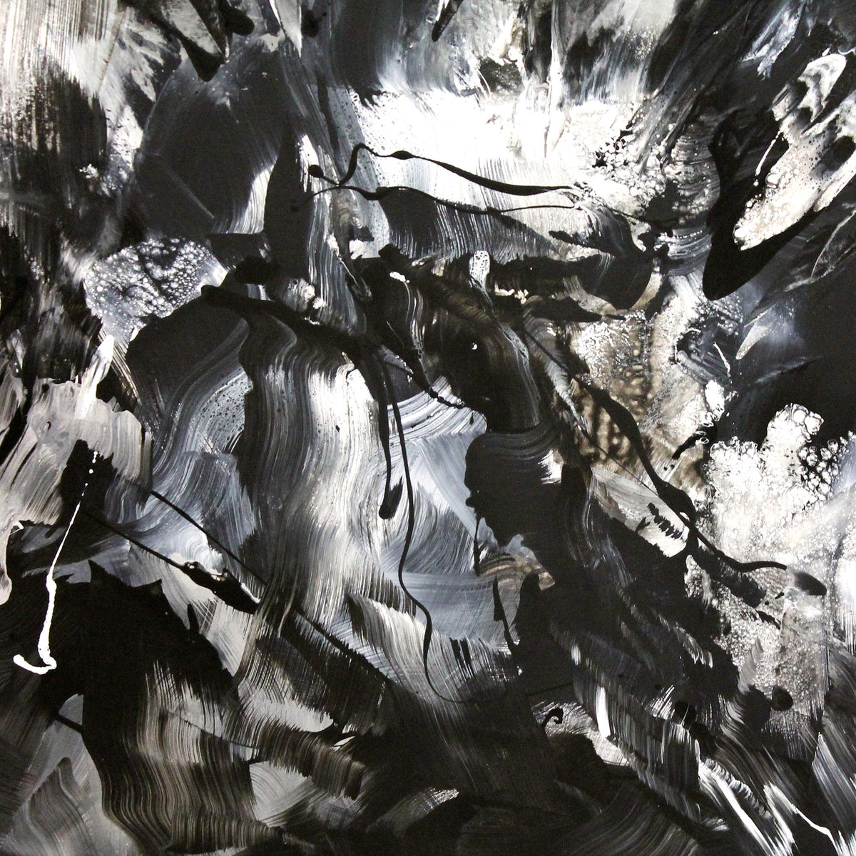Large abstract black and white painting depicting gestural brushstrokes and shadows on a monochrome background.