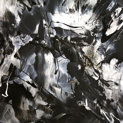 Large abstract black and white painting depicting gestural brushstrokes and shadows on a monochrome background.