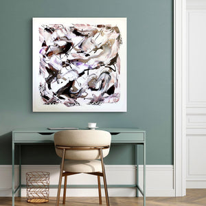 Minimalist abstract art painting titled "Inner Freedom" displayed on a wall in a modern home interior, featuring a 33x33" canvas with dynamic brushstrokes and a harmonious color palette.