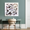 Minimalist abstract art painting titled "Inner Freedom" displayed on a wall in a modern home interior, featuring a 33x33" canvas with dynamic brushstrokes and a harmonious color palette.