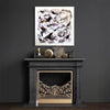 Minimalist abstract art | Inner Freedom 33x33" - Original abstract painting displayed above a dark fireplace with decorative accessories.
