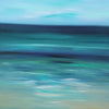 Serene abstract seascape art, vibrant turquoise and blue hues, dynamic brushstrokes conveying tranquil ocean waves, modern landscape painting.