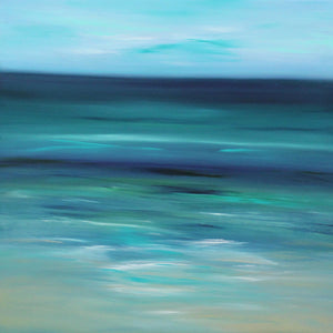 Serene abstract seascape art, vibrant turquoise and blue hues, dynamic brushstrokes conveying tranquil ocean waves, modern landscape painting.