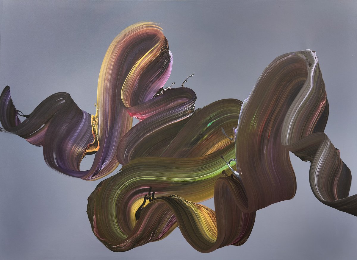 A Moment Unscripted by Paresh Nrshinga, original abstract painting in plum, bronze, olive and gold on a soft grey background