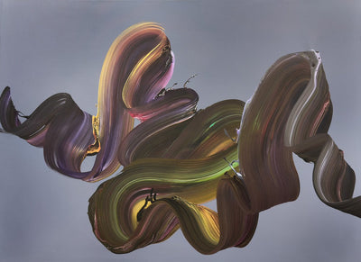 A Moment Unscripted by Paresh Nrshinga, original abstract painting in plum, bronze, olive and gold on a soft grey background