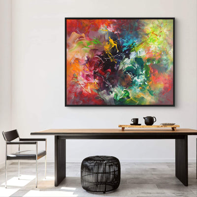 A Touch Of Paradise, original abstract painting by Paresh Nrshinga displayed in a contemporary interior.