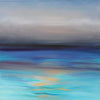 Abstract Seascape | Sunset Dream 36x36" - Serene abstract landscape painting depicting a vibrant sunset over a tranquil ocean with shimmering blue and golden hues.
