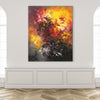 commercial abstract art, Abstract painting with fiery colours on a white wall above a white mantelpiece.