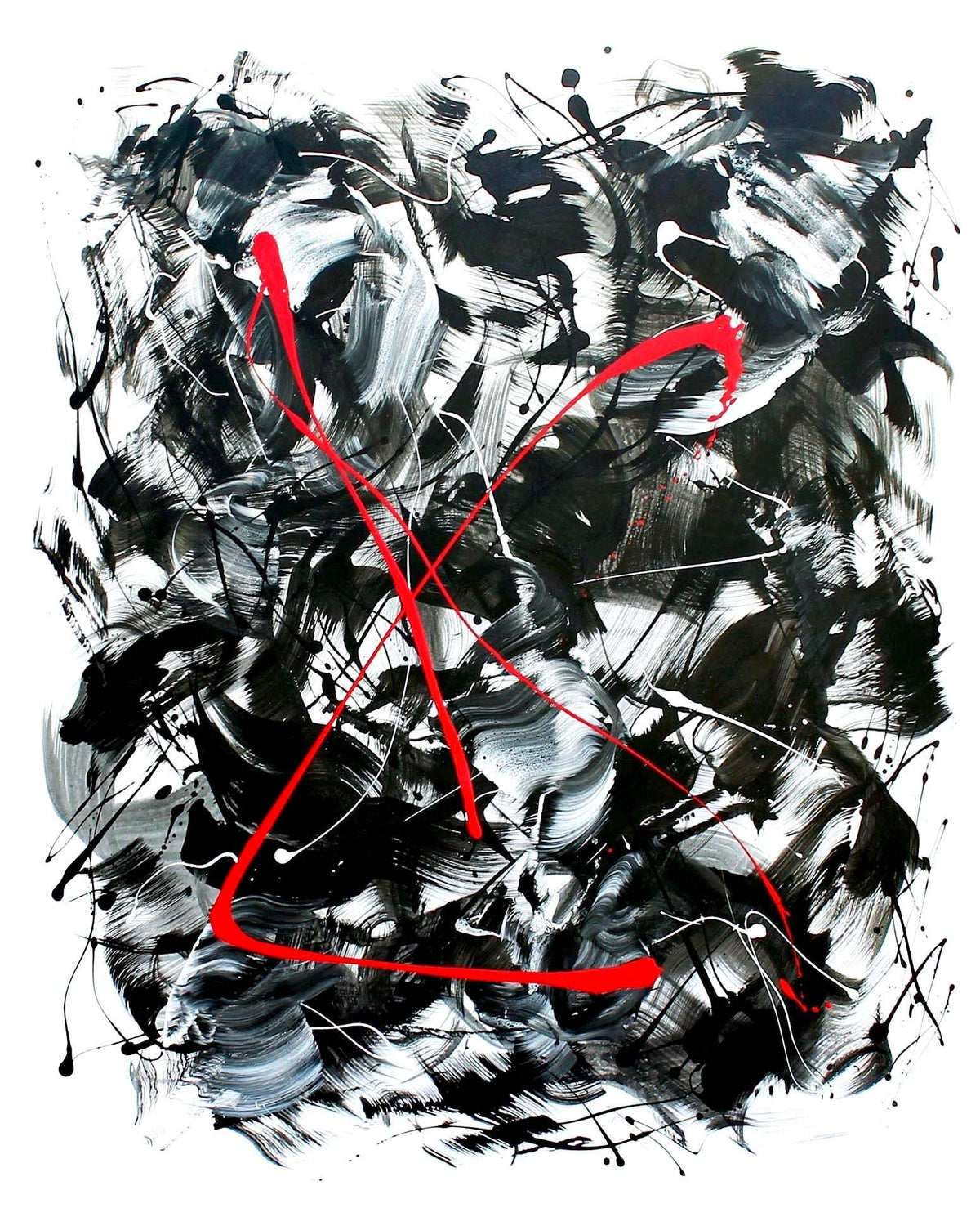  Abstract expressionism wall art with striking red accents on black white background, contemporary painting for modern interiors