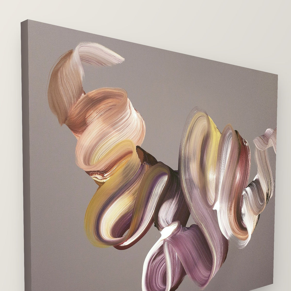 Side view of Moments in Motion by Paresh Nrshinga, showing the unframed canvas with sides painted in taupe