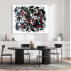 Abstract contemporary art painting with bold red geometric lines over black and white expressive brushstrokes, 44x55 inches