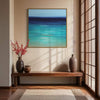 Abstract Seascape | Tranquil Waters 28x28"
Large abstract painting of a serene seascape with vibrant blue and turquoise hues, displayed in a minimalist Japanese-inspired room setting with wooden bench and decorative vases.