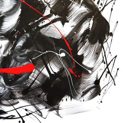 Acrylic on canvas abstract painting combining red geometric elements with black and white expressive brushstrokes, 44x55 inch original artwork