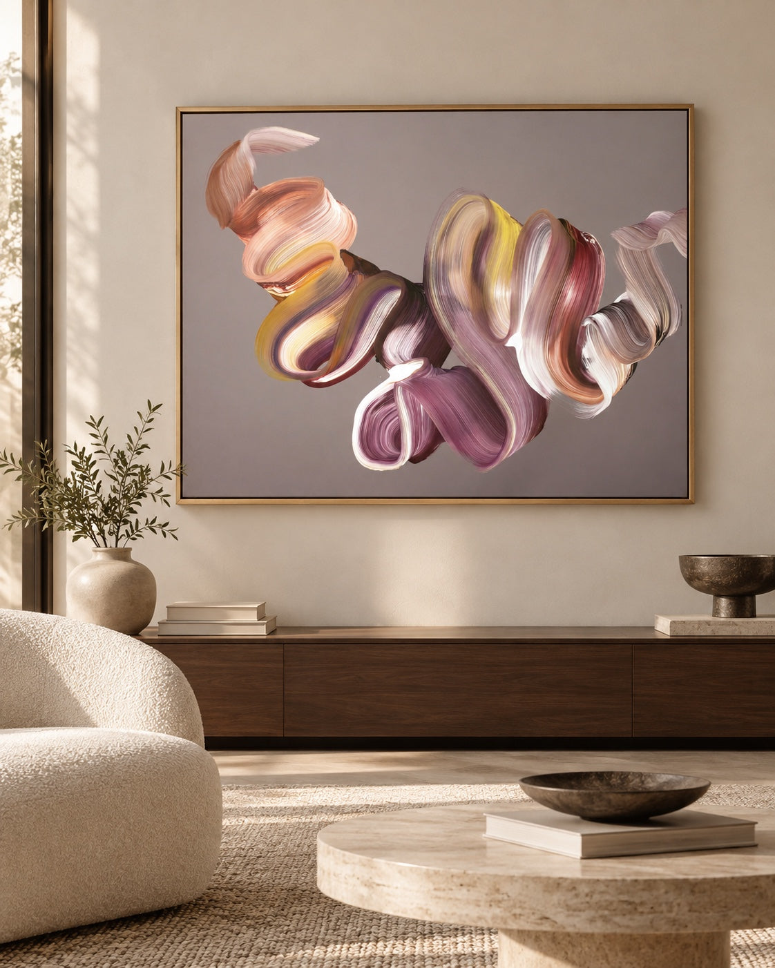 Abstract painting in mauve, blush and gold above a walnut sideboard in a contemporary interior