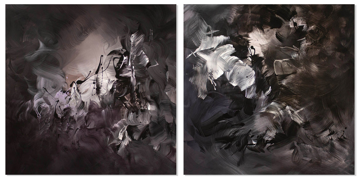 Between Light and Shadows, original Black, Grey, Taupe abstract painting by Paresh Nrshinga.