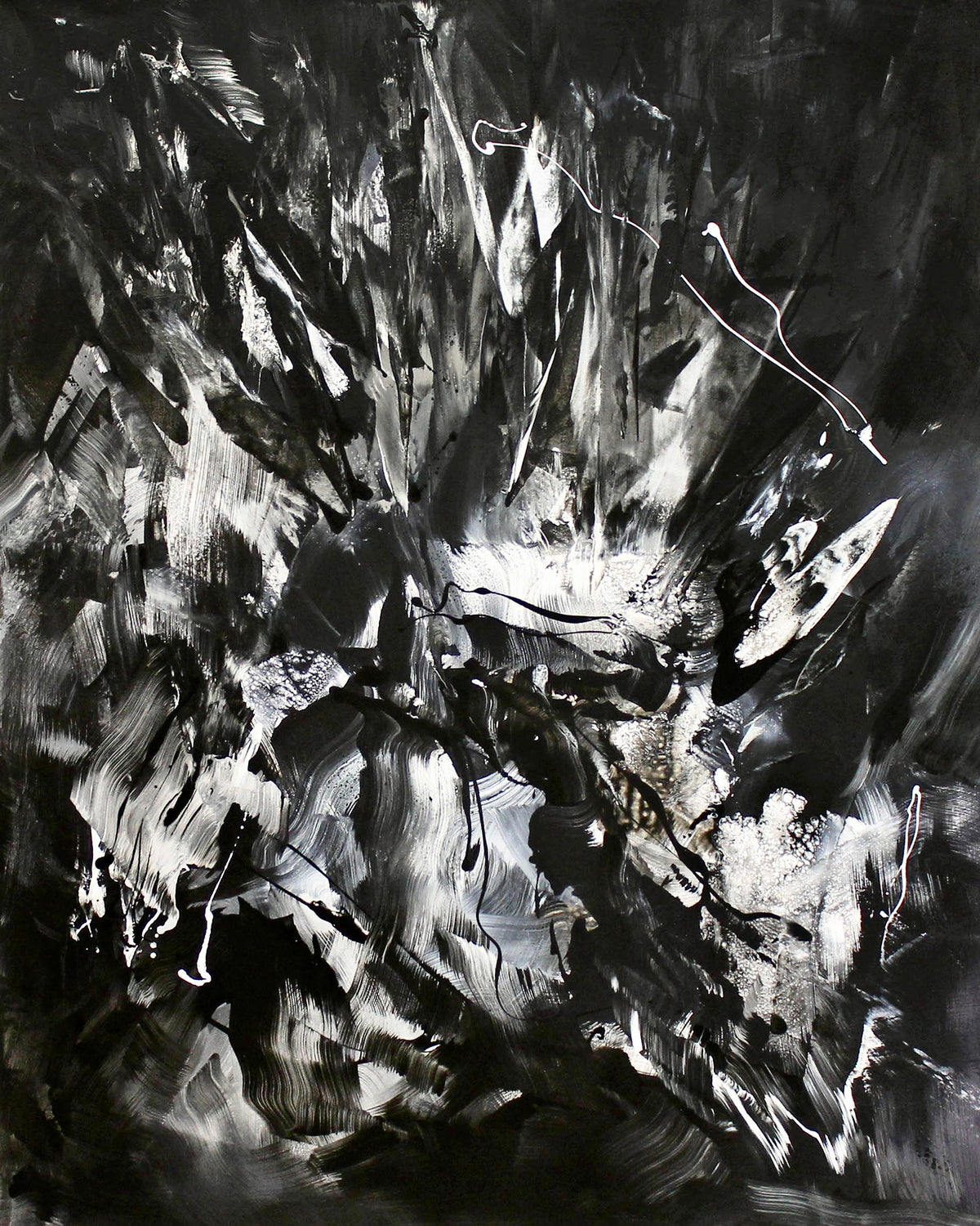 Dramatic black and white abstract painting with bold, gestural brushstrokes and dynamic composition