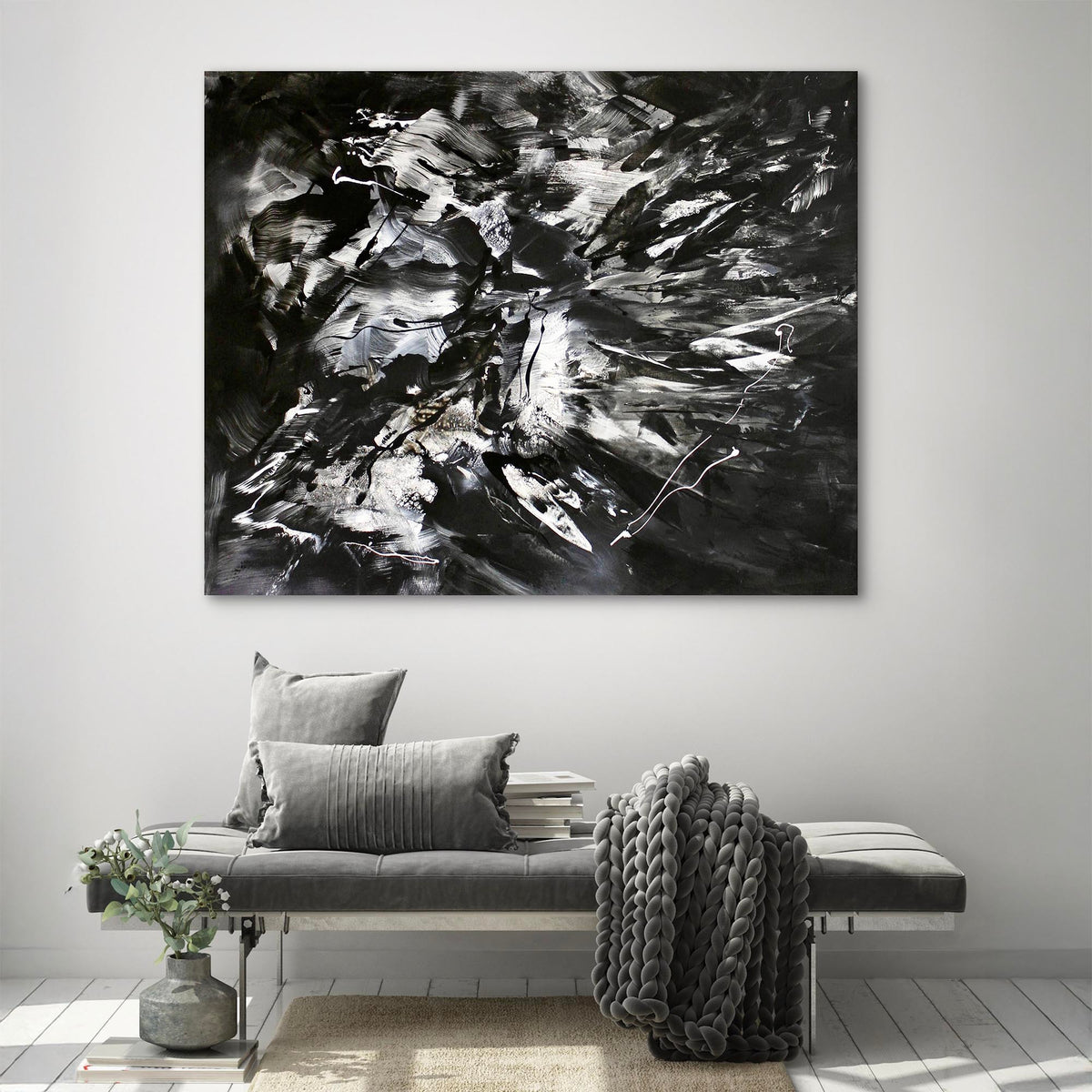 Shadow and Gesture by Paresh Nrshinga, original abstract painting displayed in an interior