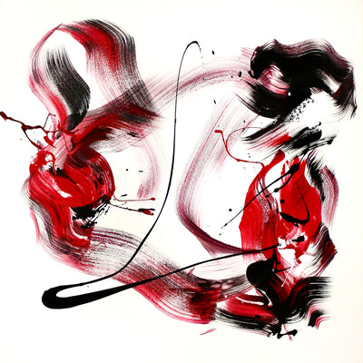 Vibrant abstract painting with dynamic brushstrokes in shades of red, black and white, creating a bold, energetic composition.