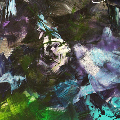 Detail of Jardin Fleuri by Paresh Nrshinga, violet, teal and green brushstrokes with flicks of white