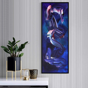 Mesmerizing abstract figure in motion | Vibrant purple, blue, and pink artwork displayed in a modern setting