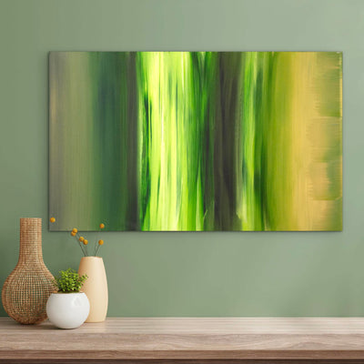 gallery-quality green abstract painting styled in interior with neutral decor