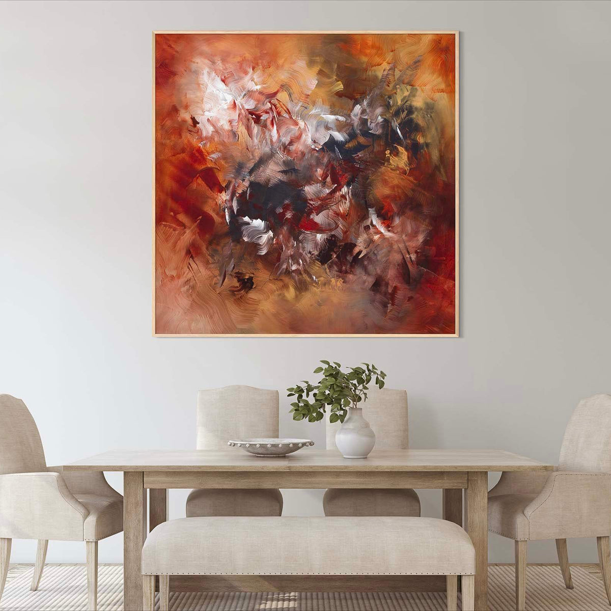 The Furthest Star III by Paresh Nrshinga, brown and copper abstract painting shown in an interior