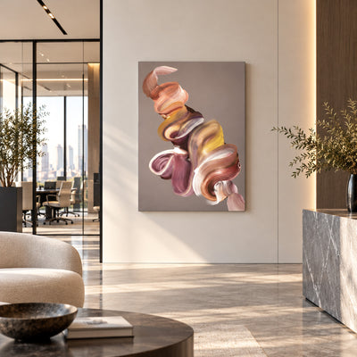 Moments in Motion by Paresh Nrshinga, abstract painting shown hung vertically in an office reception