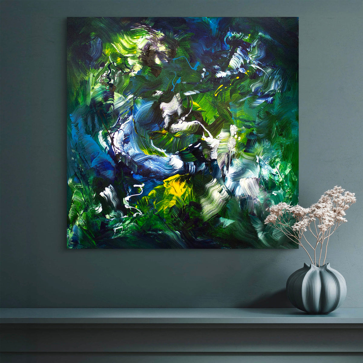 Modern statement abstract artwork in forest colours for luxury interior design