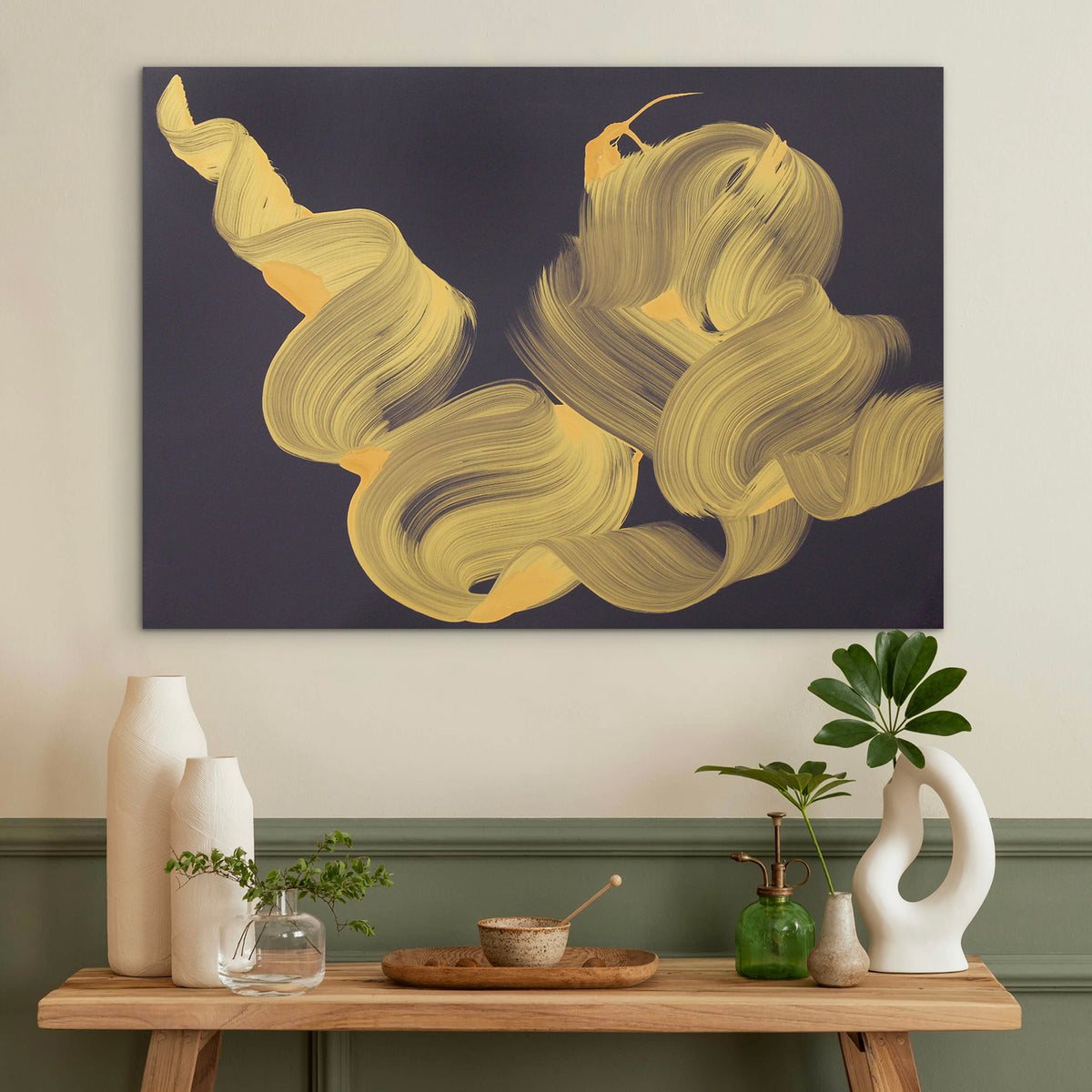 The Space We Keep by Paresh Nrshinga, gold and ochre on a dark ground abstract painting, another view of the artwork