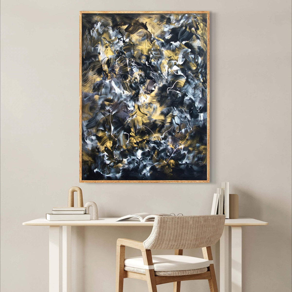 Dance Of Lights, original Bronze, Brown, Gold abstract painting by Paresh Nrshinga displayed in a contemporary interior.