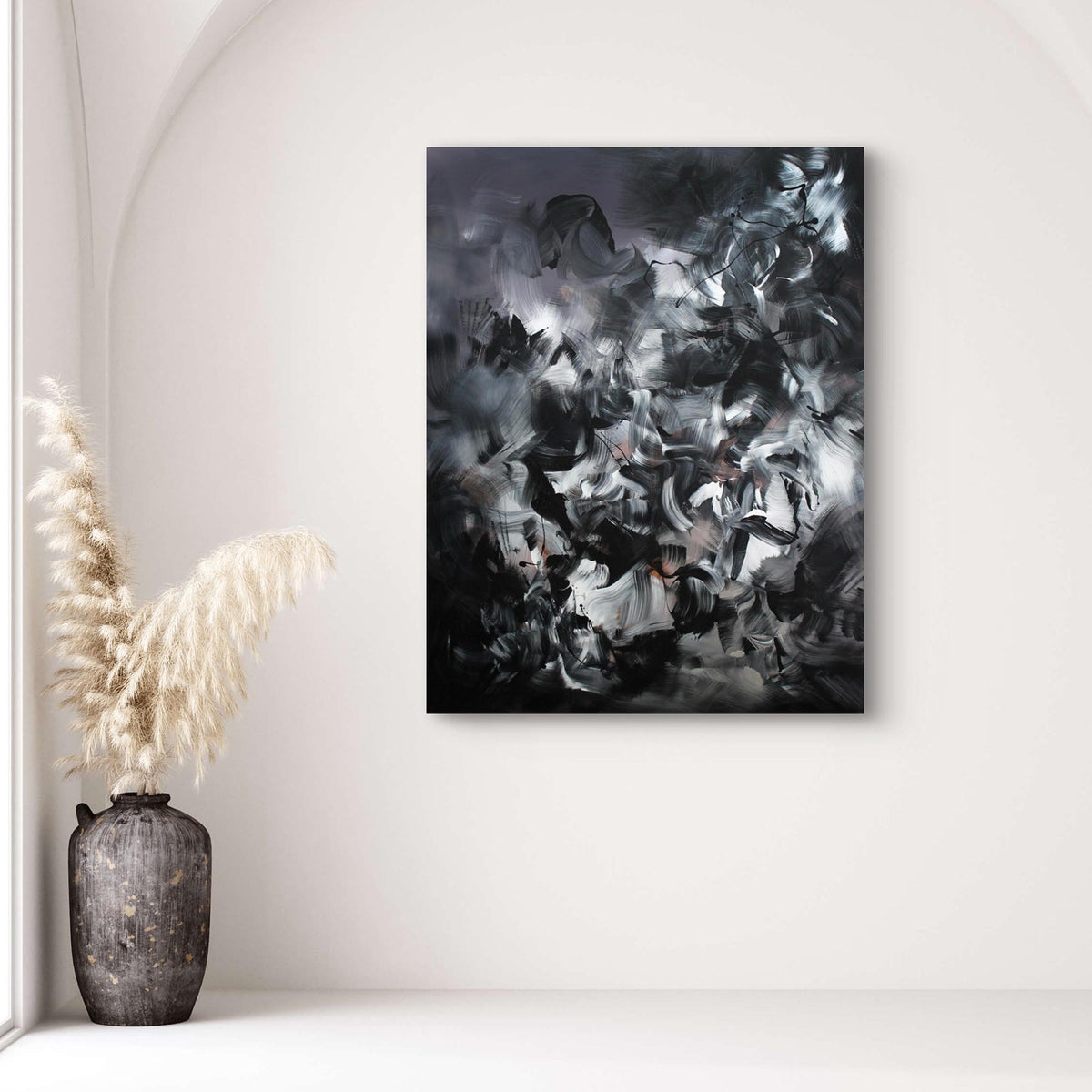 Diamanté, original Black, White abstract painting by Paresh Nrshinga displayed in a contemporary interior.