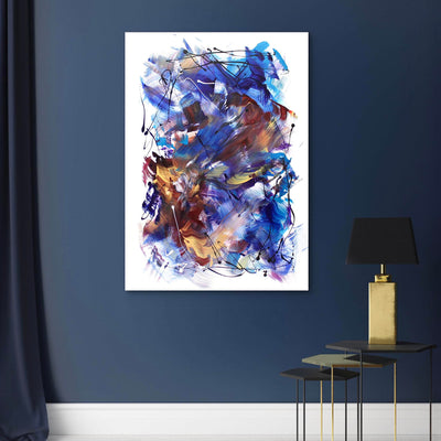 Echoes of the Sky, original Blue, Bronze, Gold abstract painting by Paresh Nrshinga displayed in a contemporary interior.